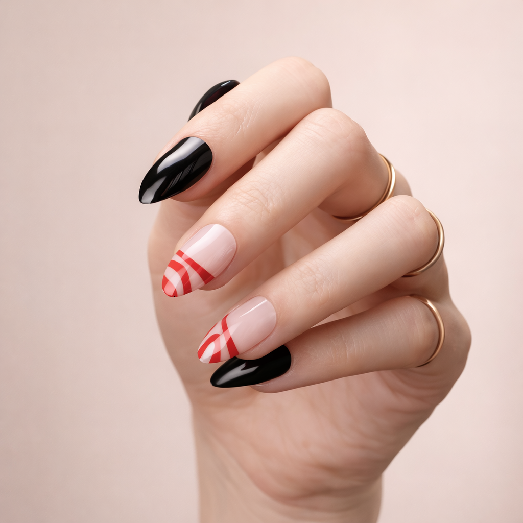 Faux Ongles Noir et Rouge Amande Mi-Longs Press On Nails