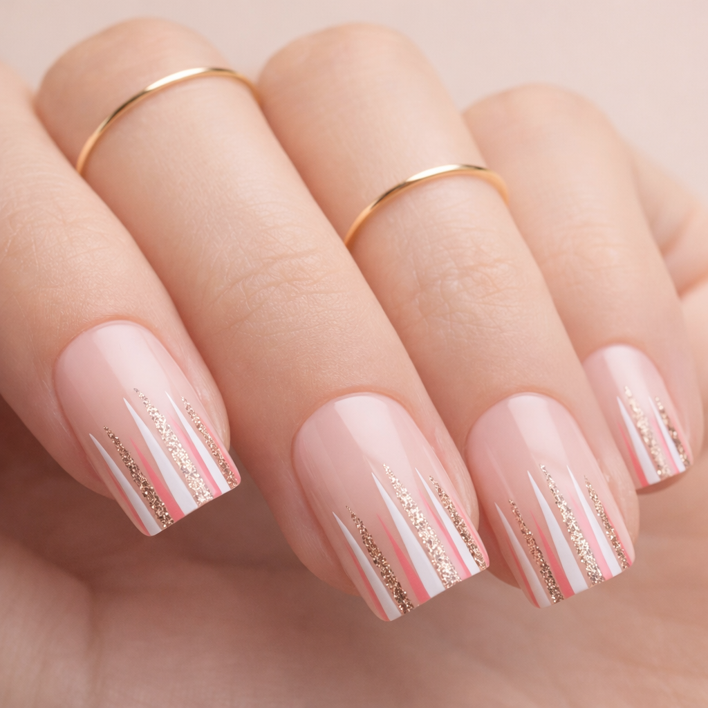 Faux Ongles Nude et Paillettes Carrés Courts Press On Nails