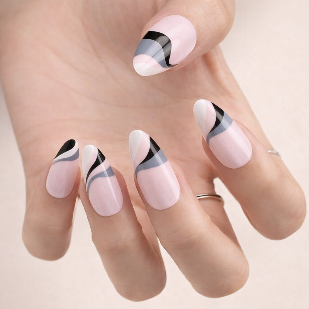 Faux Ongles Rose et Noirs Amande Mi-Longs Press On Nails