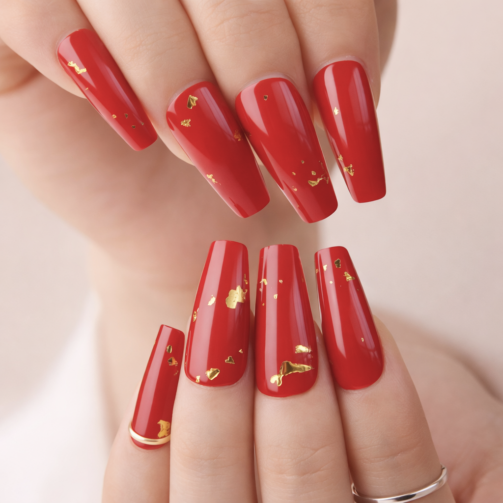 Faux Ongles Rouge Dorés Ballerine Longs Press On Nails