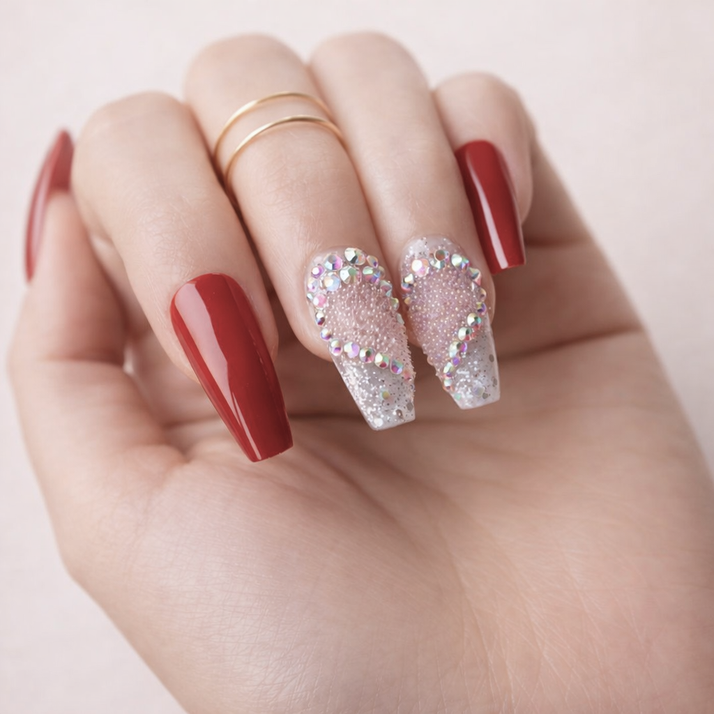 Faux Ongles Rouge Élégance et Cristaux Press On Nails