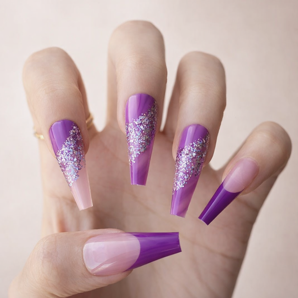 Faux Ongles Violet Foncé à Paillettes Longs Press On Nails