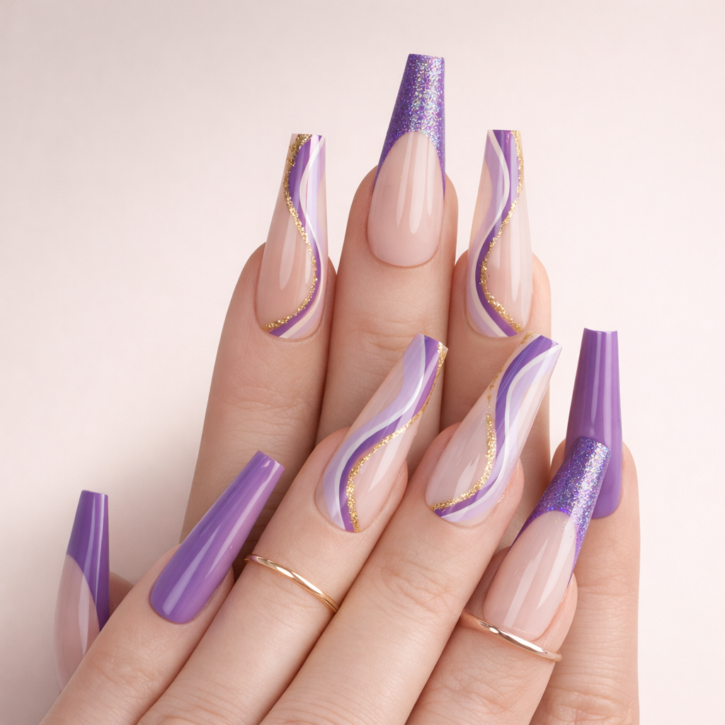 Faux Ongles Violet à Paillettes Longs Press On Nails