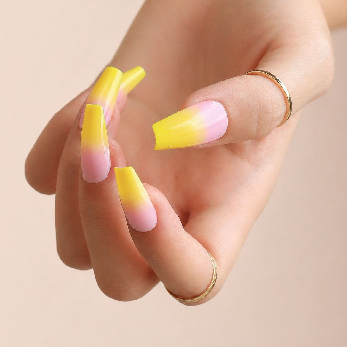 Faux ongles ballerine longs dégradé jaunes et rose press on nails