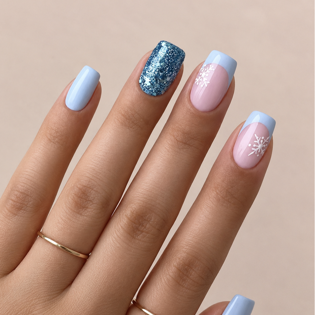 Faux ongles de Noël bleu glacier et rose avec flocons press on nails
