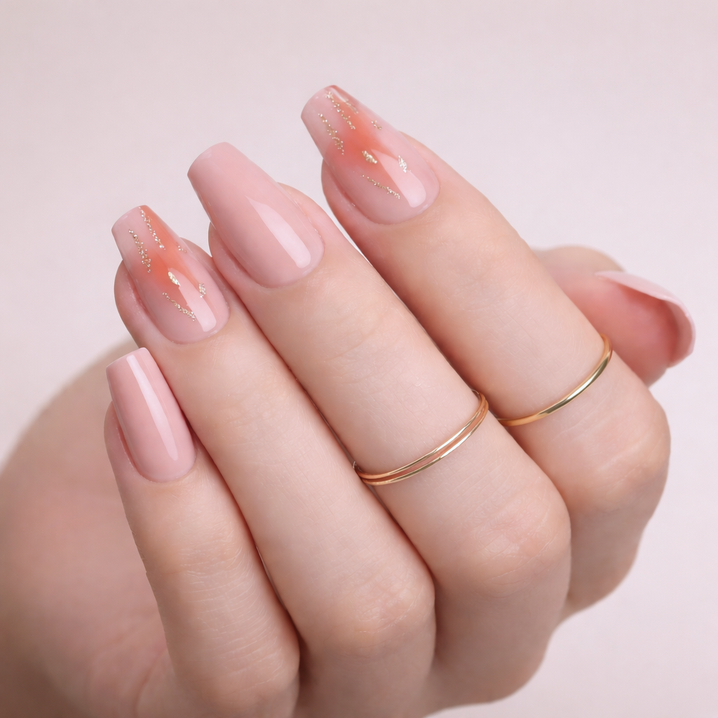 Faux ongles carrés mi-longs rose nude avec touches orange et paillettes press on nails