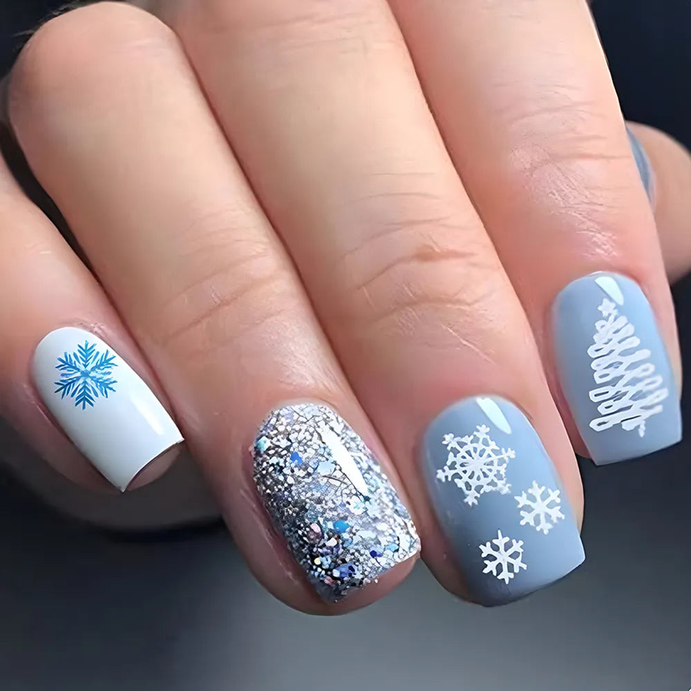 Faux Ongles de Noël Bleus à Flocons Press On Nails