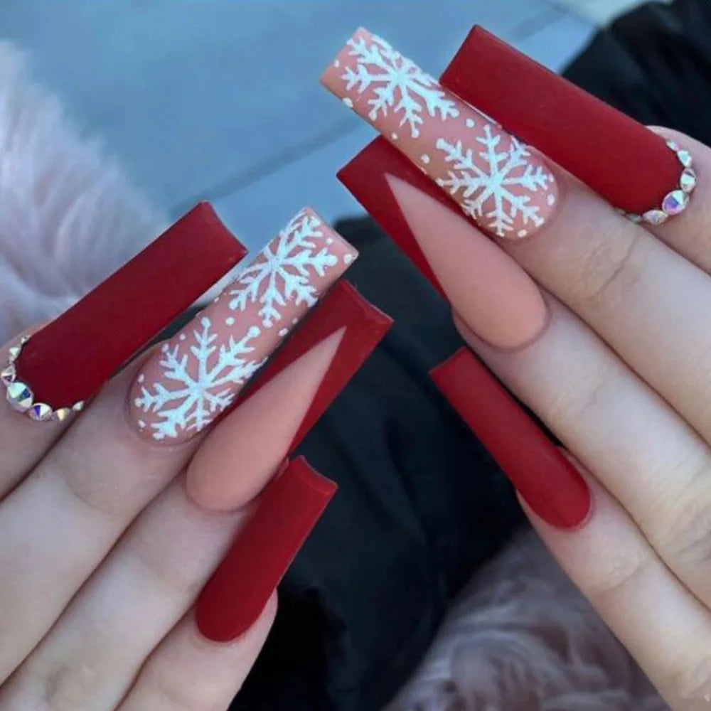 Faux Ongles de Noël Rouges à Flocons Press On Nails