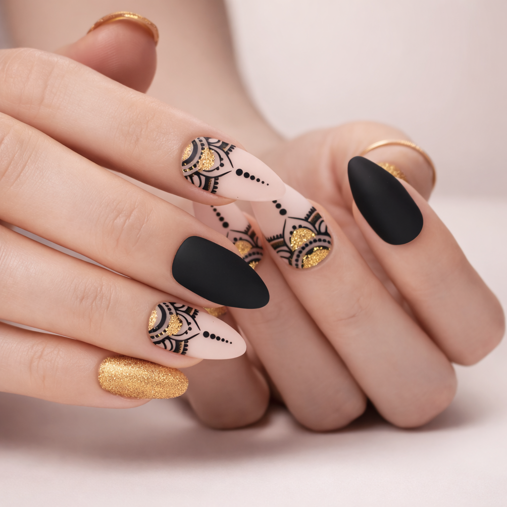 Faux Ongles Noirs Amande Mi-Longs