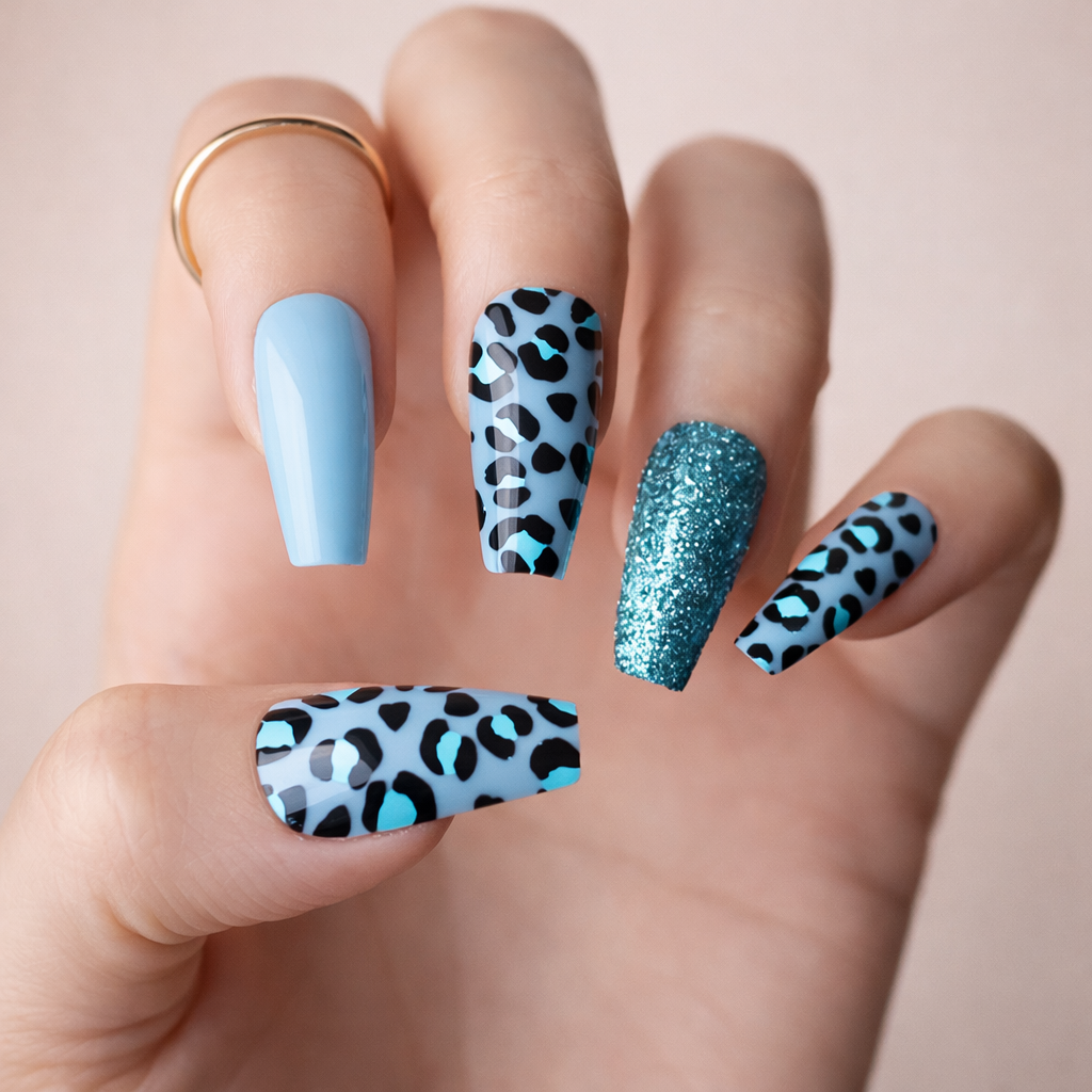 Faux Ongles Bleus Noirs Ballerine Longs