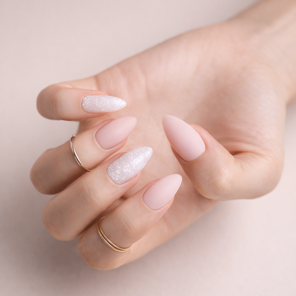 Faux Ongles Rose Mat et Blanc Pailletés Amande Mi-Longs Press On Nails