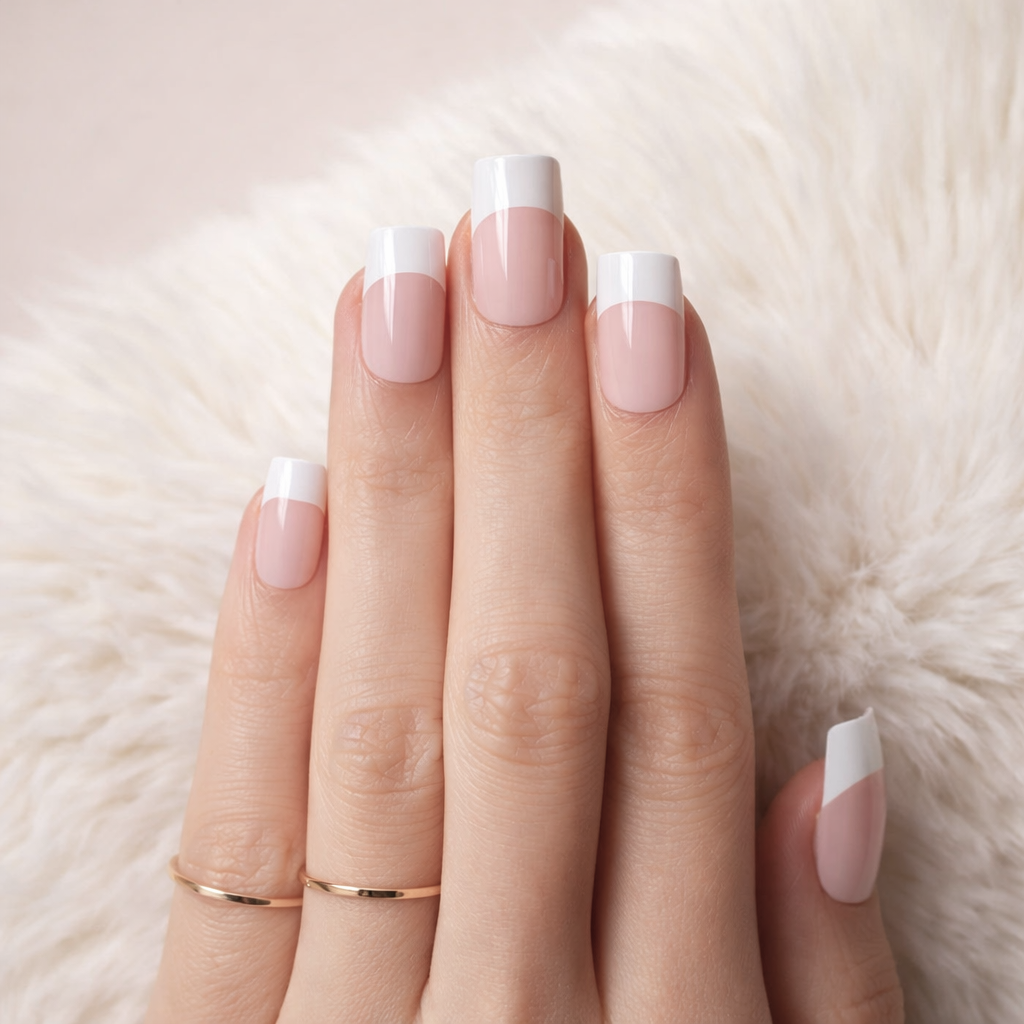 Faux Ongles French Carré Courts Rose & Blanc