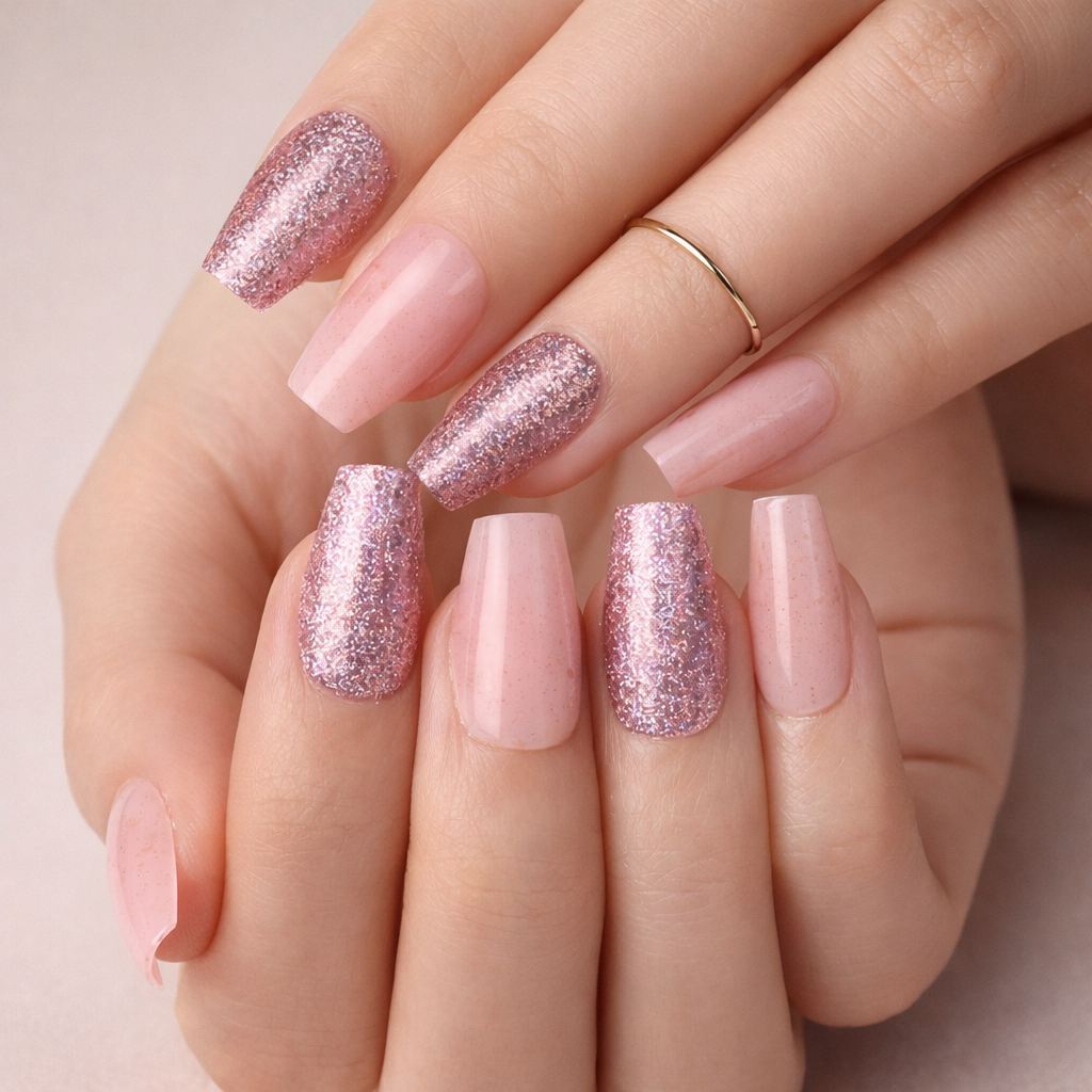 Faux Ongles Rose avec Paillettes