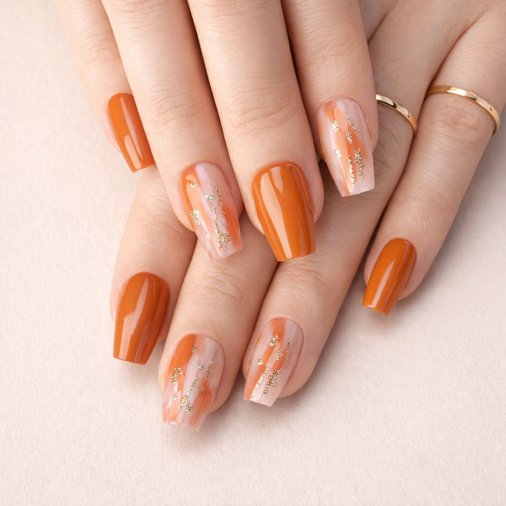 Faux Ongles Orange avec Doré Mi-Longs