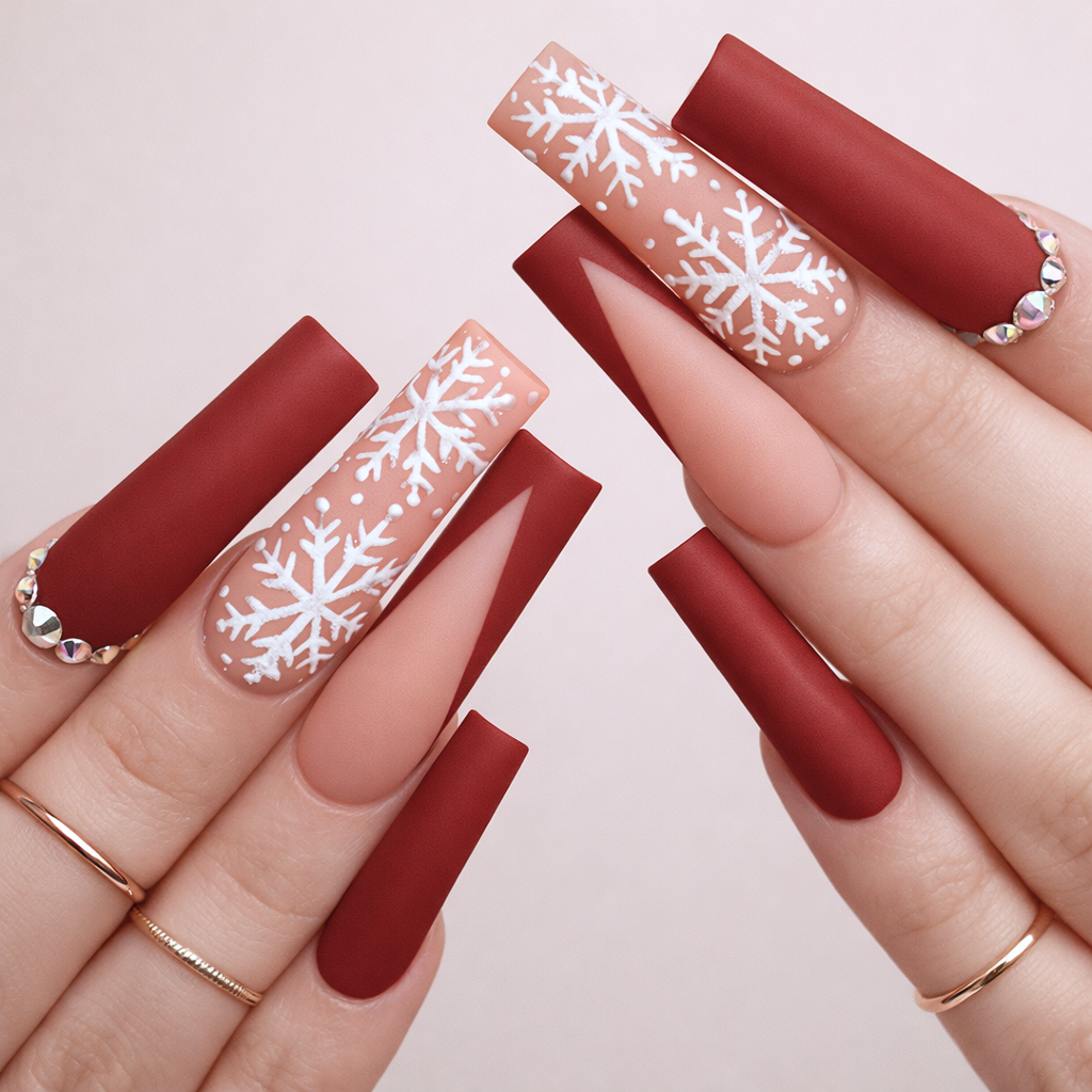 Faux Ongles de Noël Rouges à Flocons