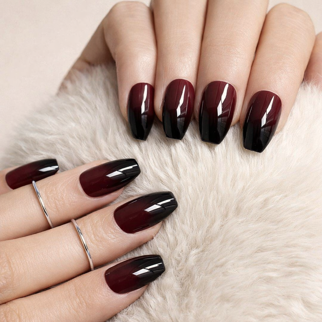 Faux Ongles Rouge et Noir Ombre Mi-Longs