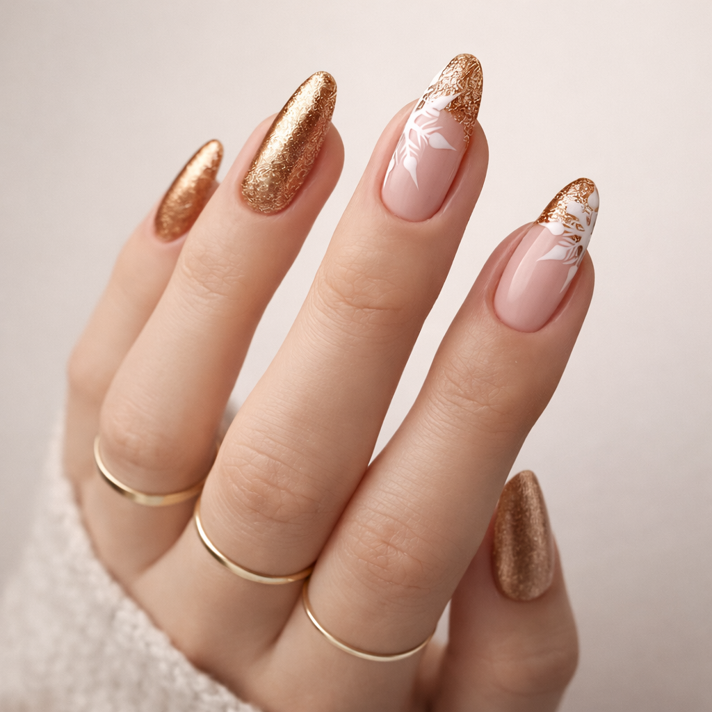 Faux Ongles Amande avec Flocons et Paillettes Dorées