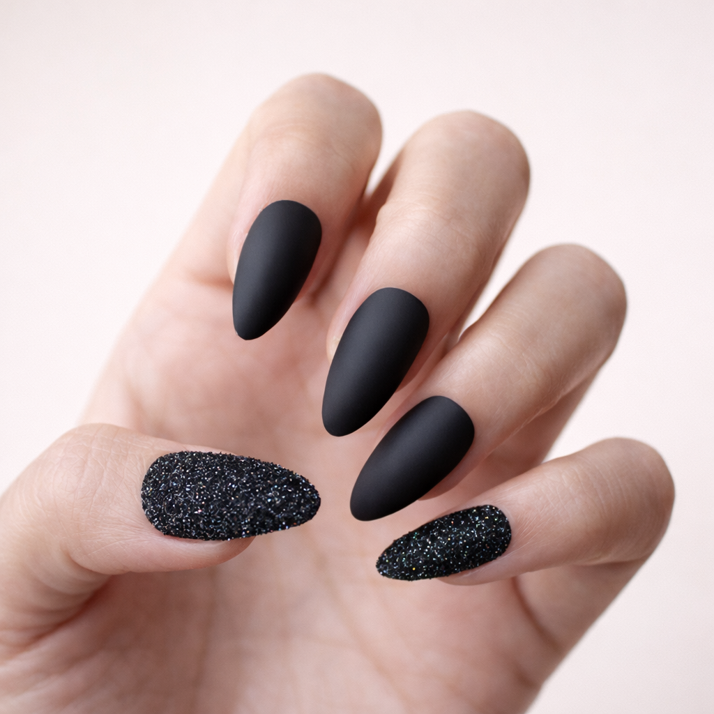 Faux Ongles Noirs Amande Longs