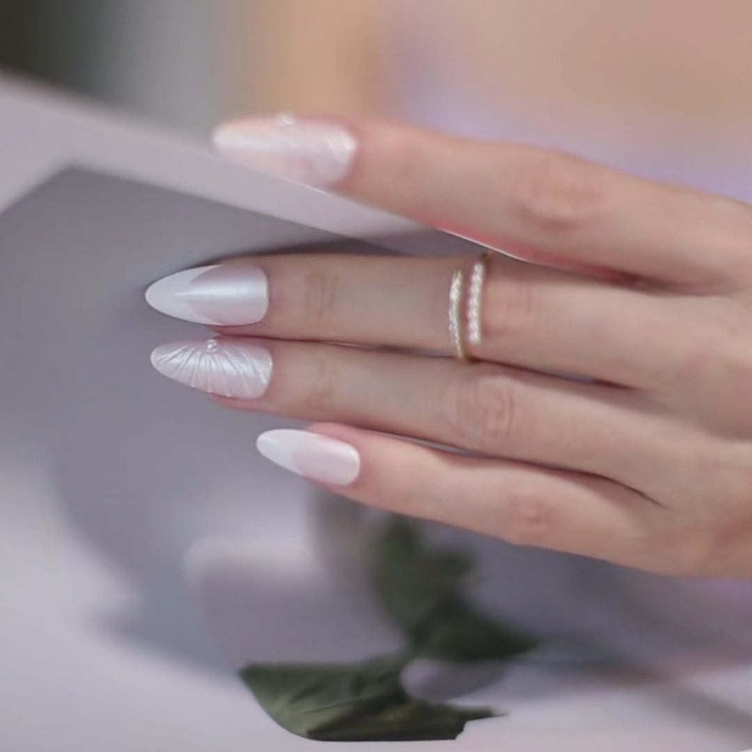 Faux Ongles Nacrés 3D Coquillage Amande Longs Press On Nails