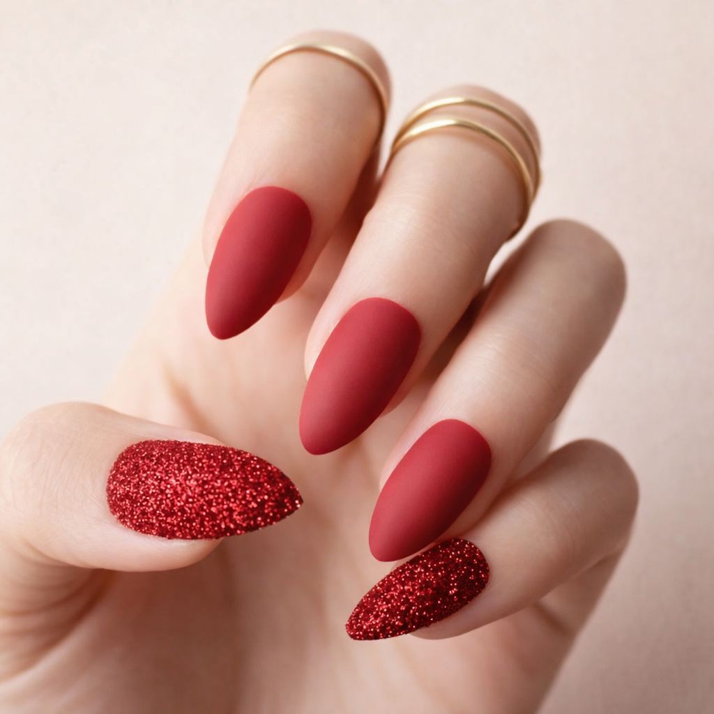 Faux Ongles Rouge Nacré Amande Mi-Longs