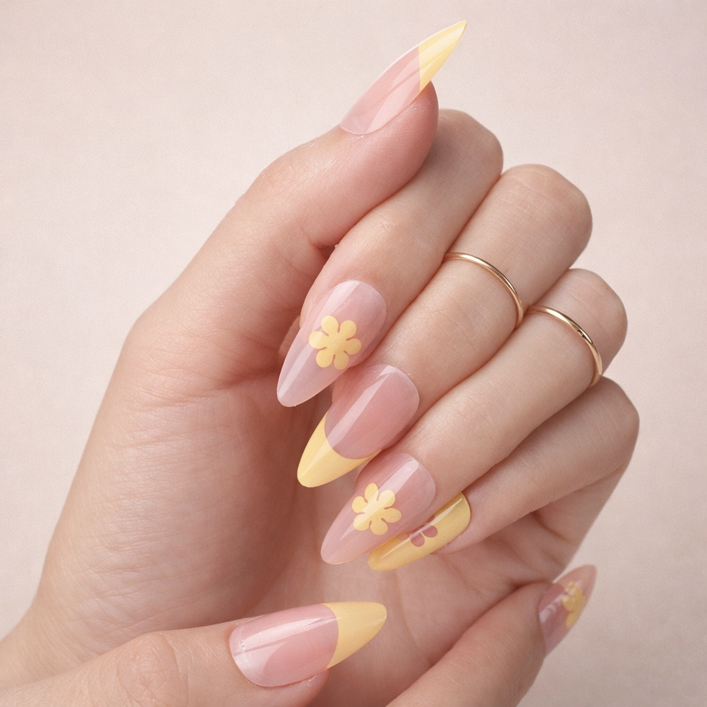 Faux Ongles Jaunes à Fleurs Longs