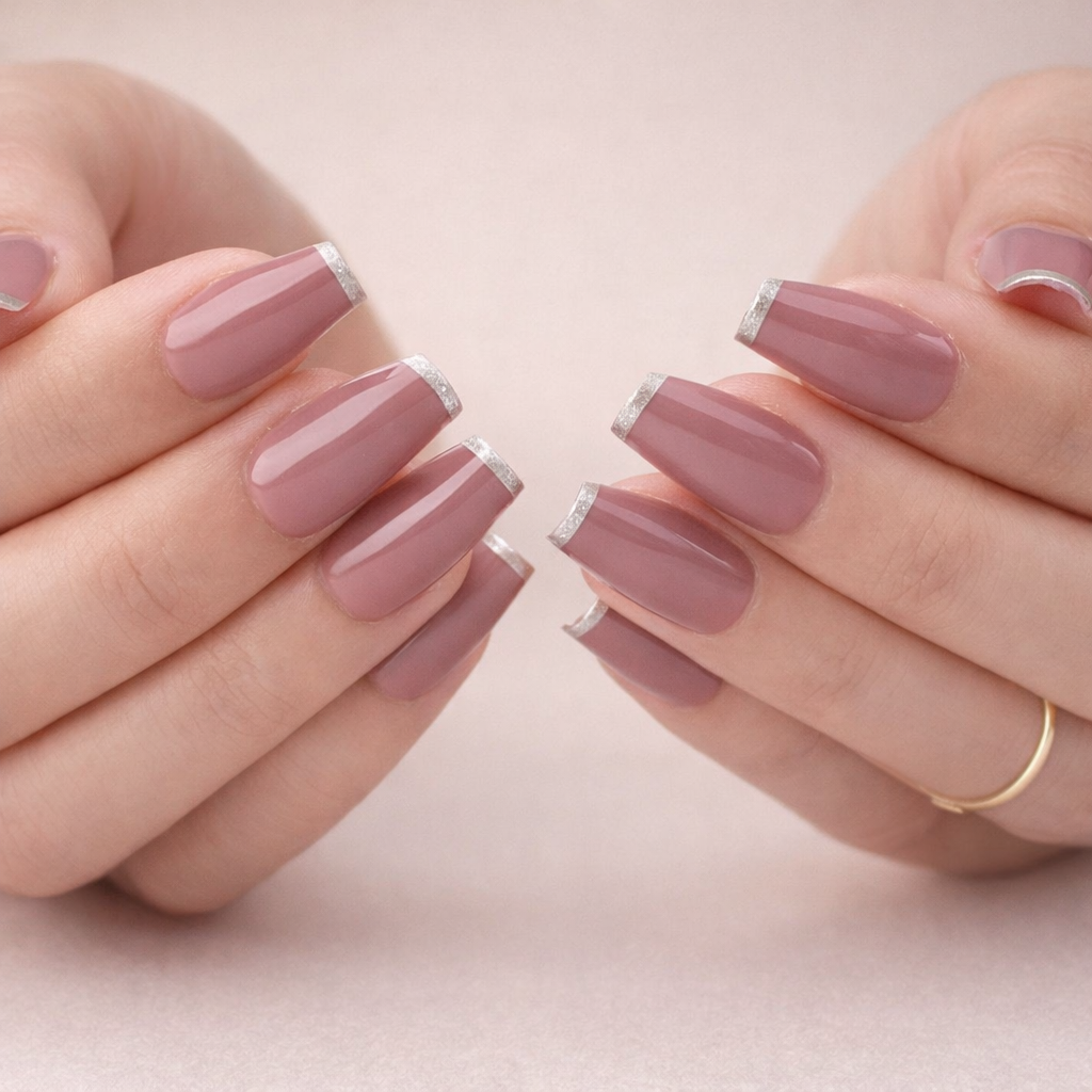 Faux Ongles French Carrés Courts Roses & Gris