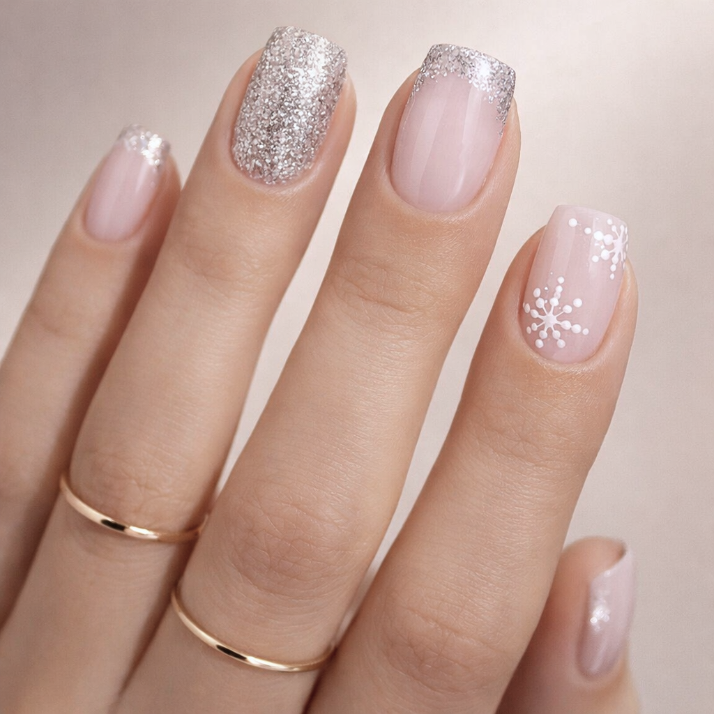 Faux Ongles de Noël Roses & Gris à Flocons